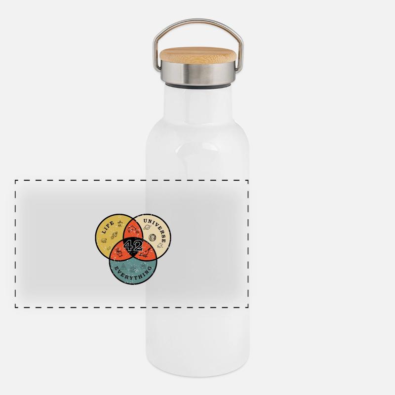 Don't Panic 42 Antwort Frage Leben Universum Rest Panorama Thermosflasche mit Bambusdeckel