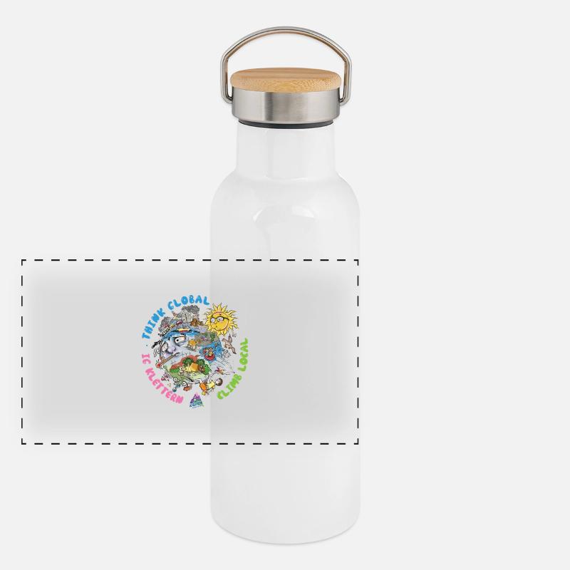 Think Global Climb Local Heller Hintergrund - Panorama Thermosflasche mit Bambusdeckel - Weiß