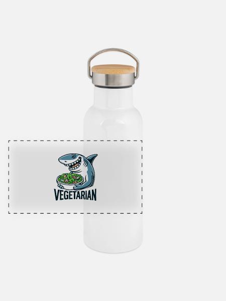 Vegetarischer Hai - Panorama Thermosflasche mit Bambusdeckel - Weiß