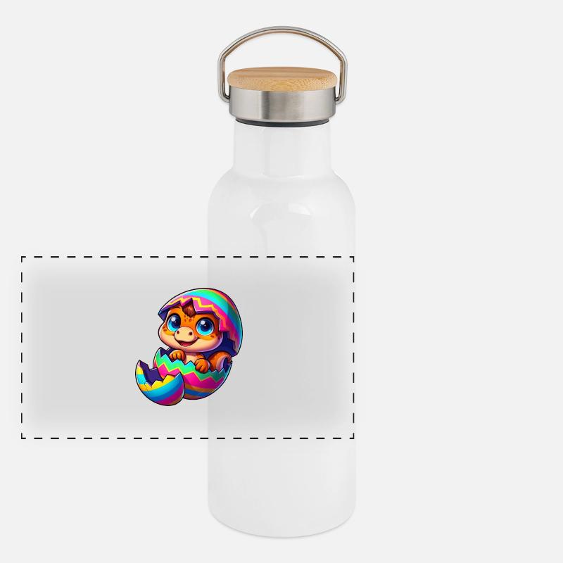 Mignon dino éclosion d’un dessin animé d’œuf de Pâques coloré Gourde isotherme avec bouchon en bambou