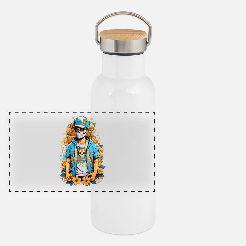 Zucker Schädel Panorama Thermosflasche mit Bambusdeckel