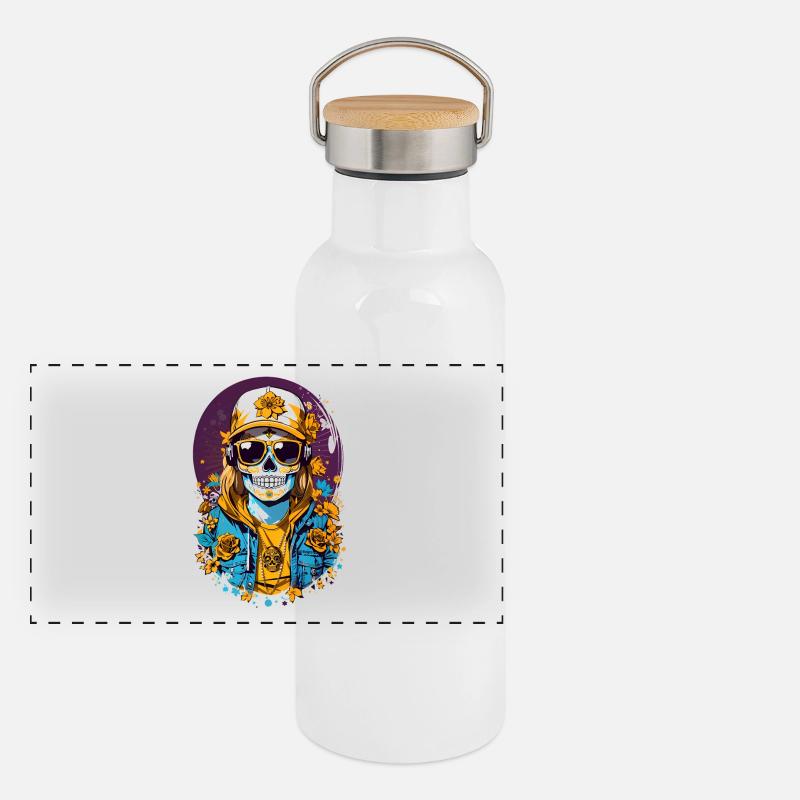 Zucker Schädel Panorama Thermosflasche mit Bambusdeckel