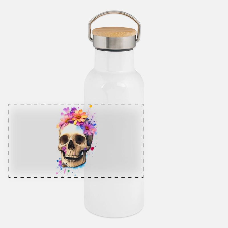Schädel mit Blumen Panorama Thermosflasche mit Bambusdeckel