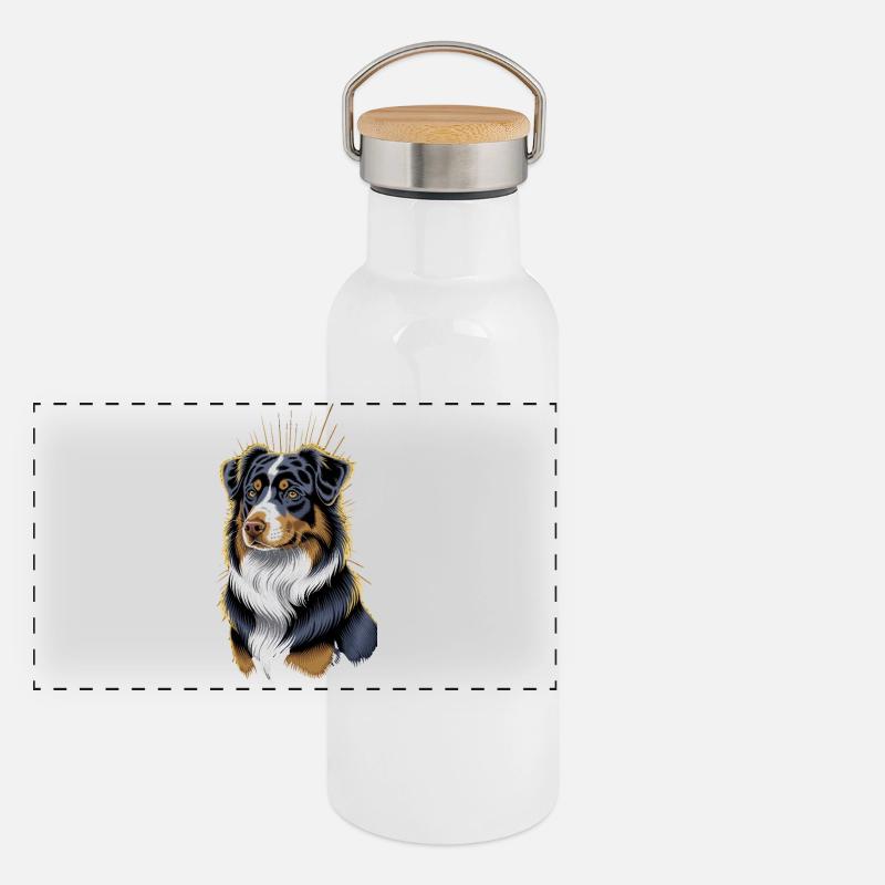 Australian Shepherd Portrait Artwork - Panoramic Thermal Bottle with Bamboo Lid - white