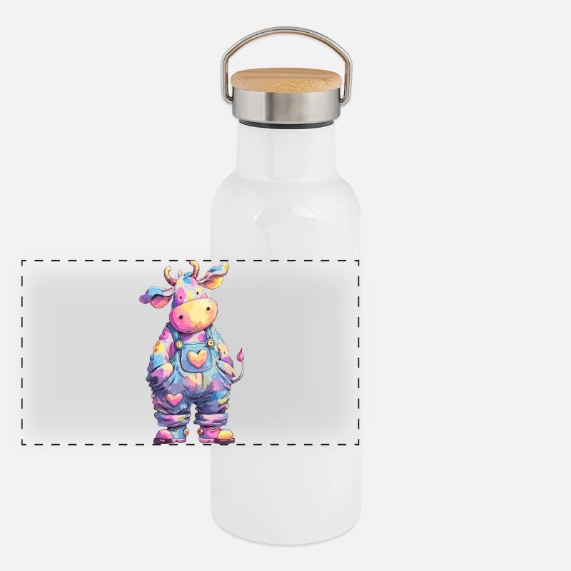 Vache pastel en salopette colorée Gourde isotherme avec bouchon en bambou