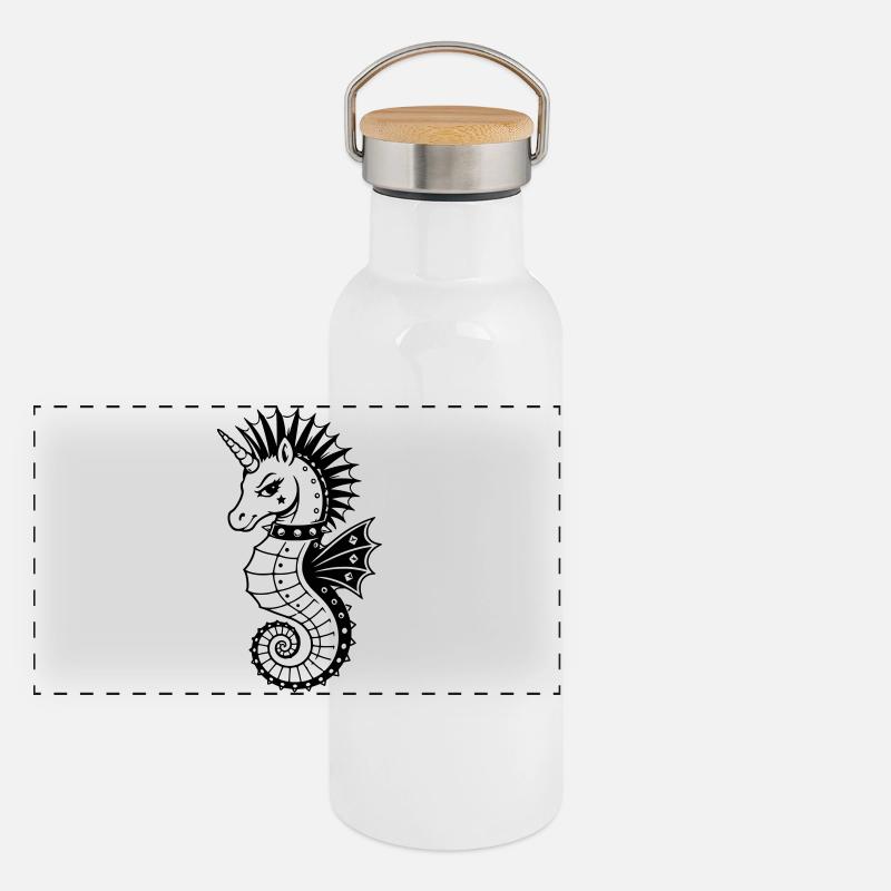 Punk Einhorn Seepferdchen Motiv Panorama Thermosflasche mit Bambusdeckel