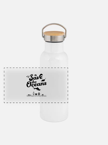 Save the Oceans - Panorama Thermosflasche mit Bambusdeckel - Weiß