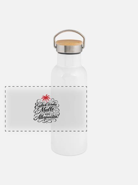 Endlich Malle Spruch Urlaub - Panorama Thermosflasche mit Bambusdeckel - Weiß - Vorne