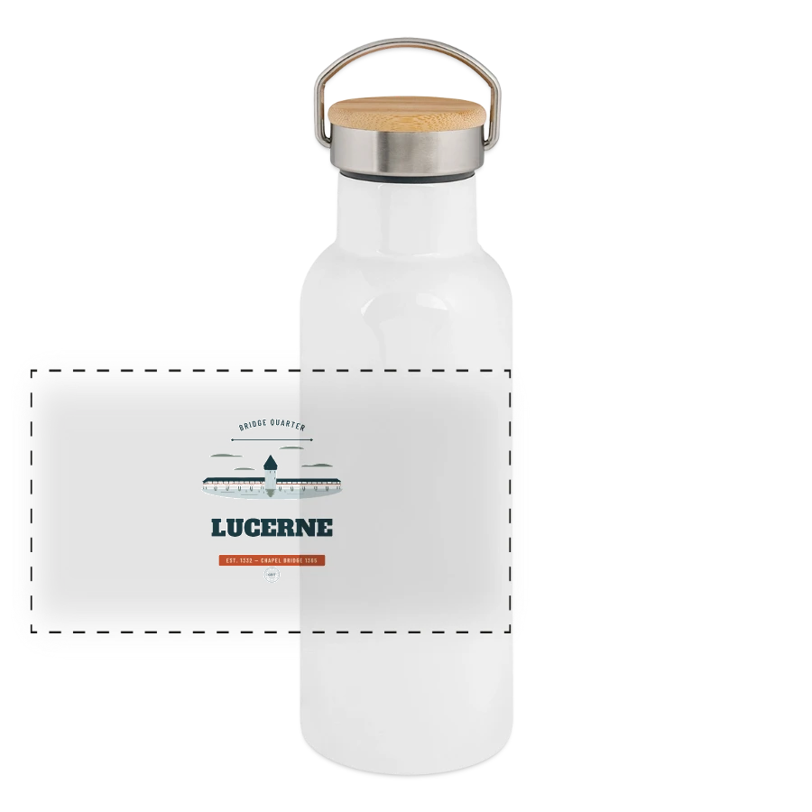 Lucerne badge on a panoramic thermal bottle with bamboo lid, white