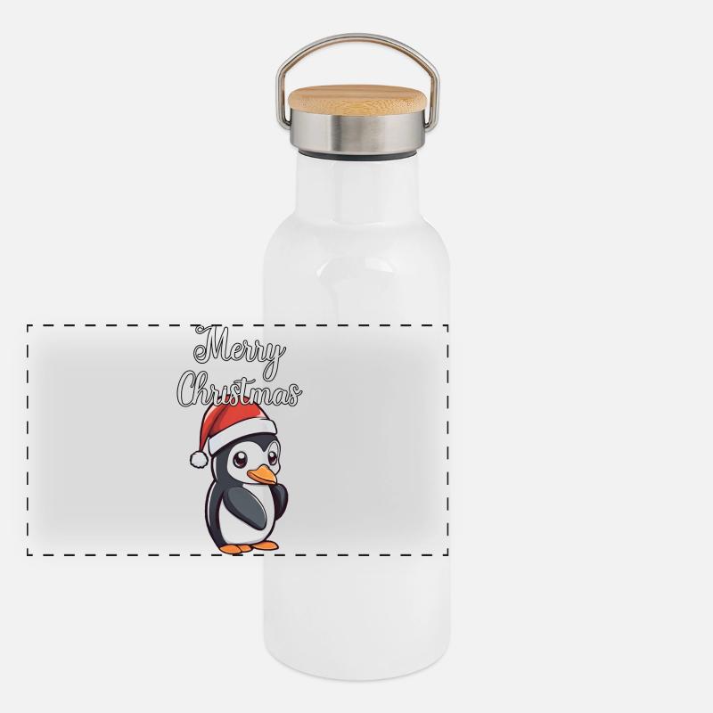 Pingouin de Noël Gourde isotherme avec bouchon en bambou