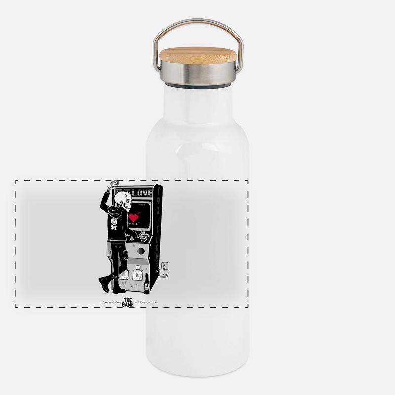 Skeleton at Retro Arcade Heartbreak - Panoramic Thermal Bottle with Bamboo Lid - white