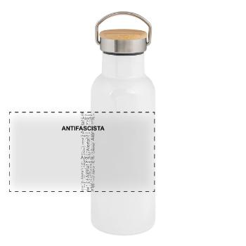 Alerte! Antifasciste ! - Art des mots - Gourde isotherme avec bouchon en bambou - blanc - Devant