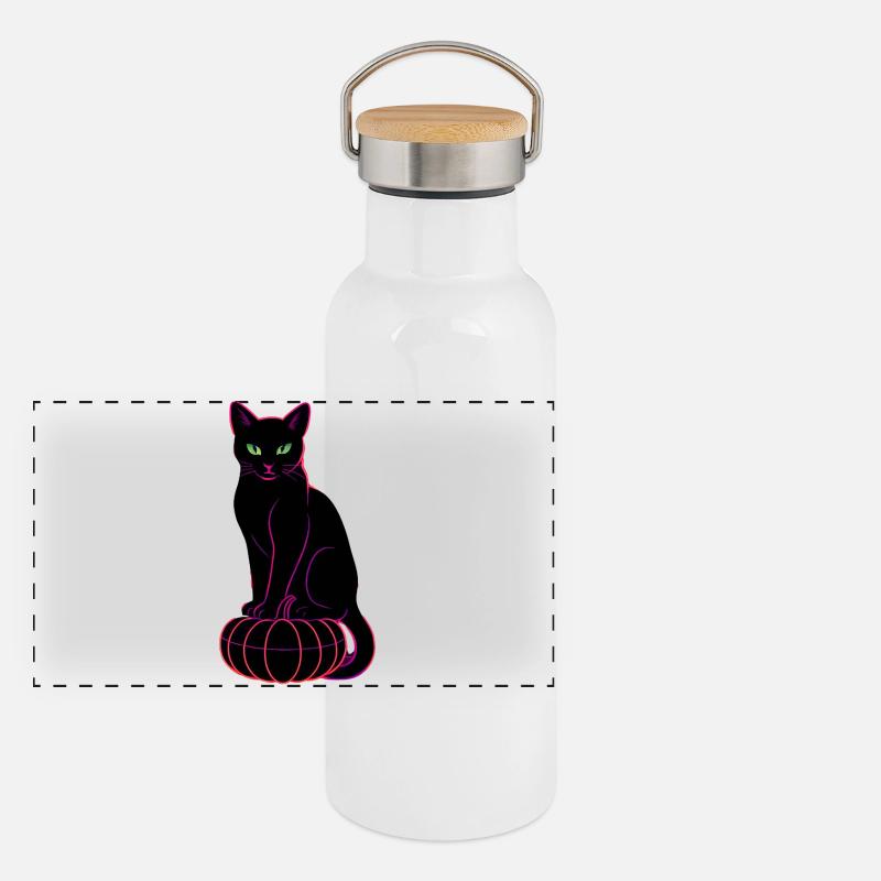 Neon Cat on Black Pumpkin Panoramic Thermal Bottle with Bamboo Lid