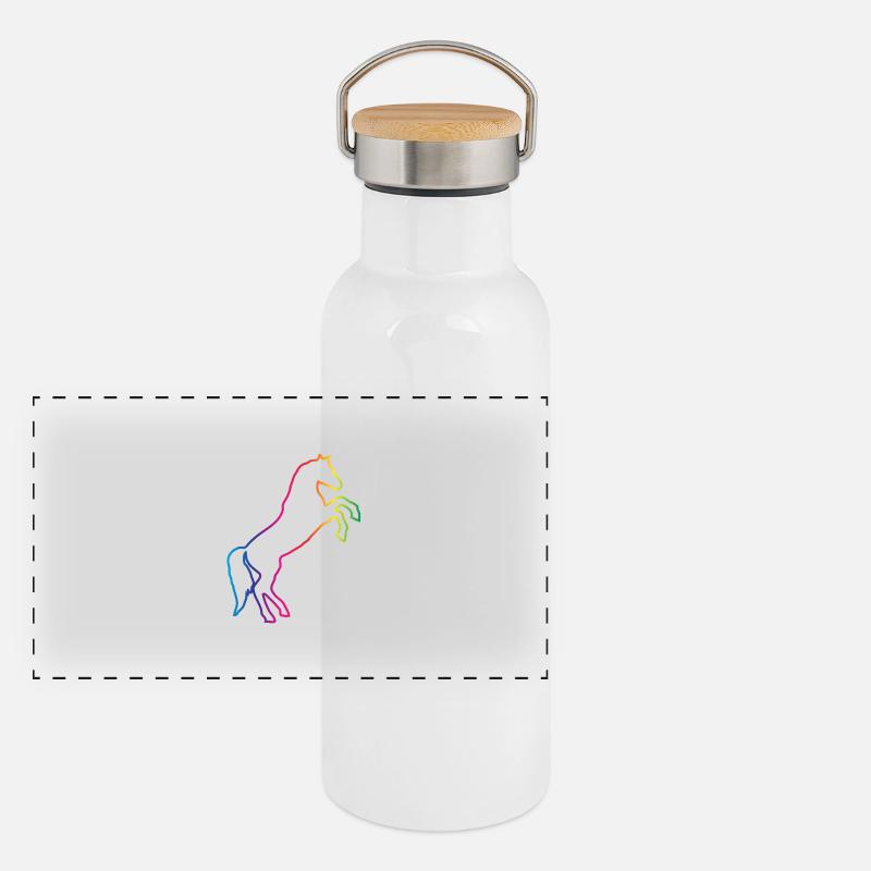 Regenbogen Pferd / Pony Panorama Thermosflasche mit Bambusdeckel