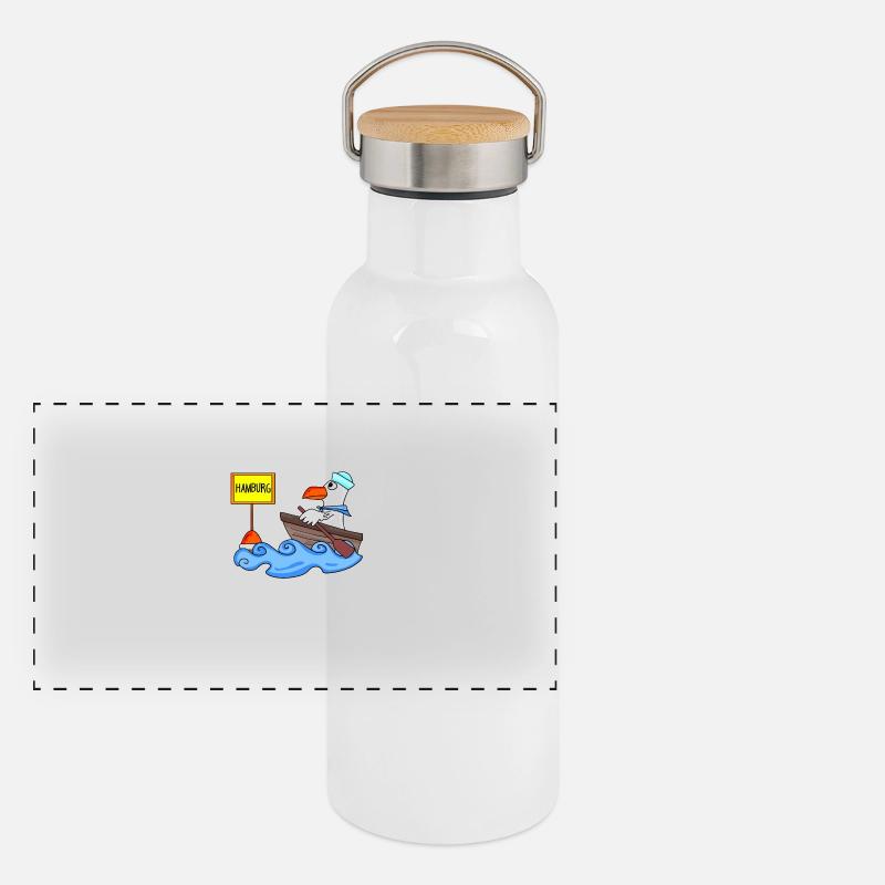 Hamburg Möwe Boot - Panorama Thermosflasche mit Bambusdeckel - Weiß
