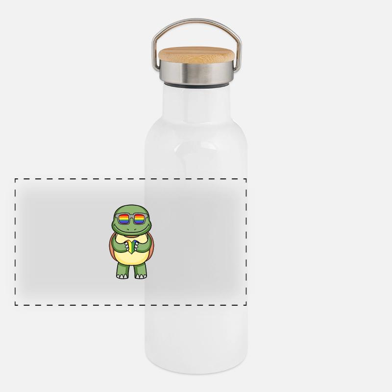 Regenbogen - Schildkröte mit Brille und Herz Panorama Thermosflasche mit Bambusdeckel