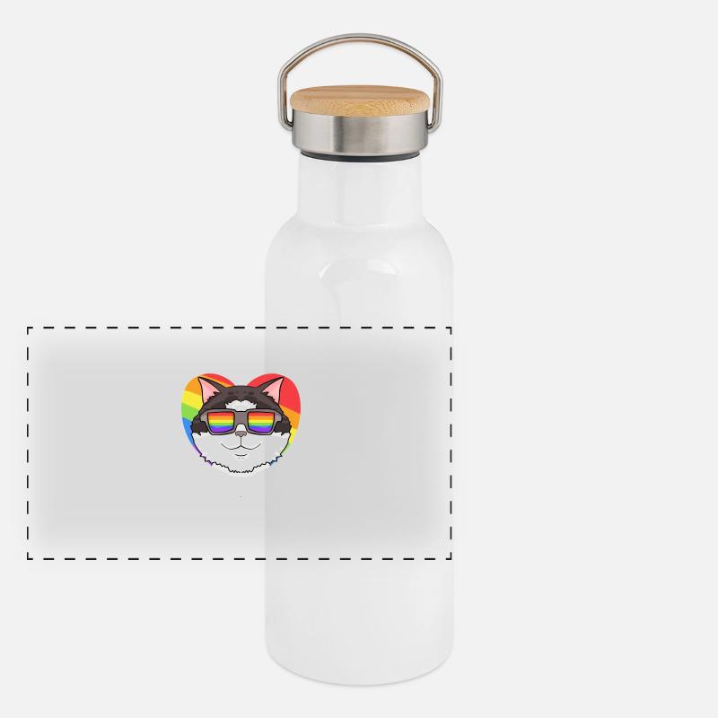 Regenbogen - Katze Ragdoll mit Brille und Herz Panorama Thermosflasche mit Bambusdeckel