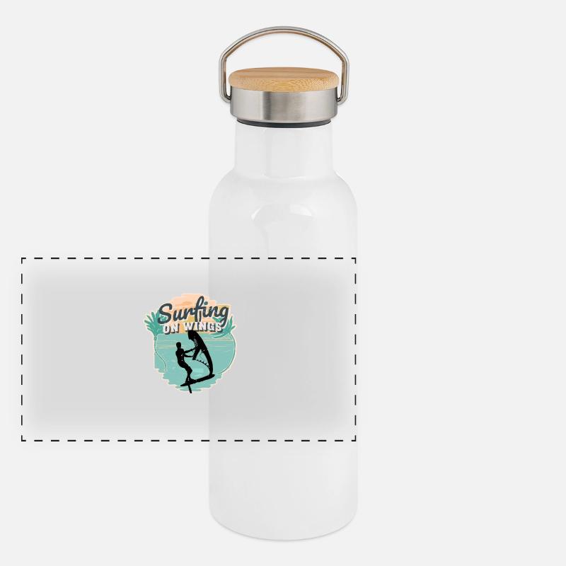 Surfing on Wings Hydrofoil Wingfoil Wingfoiling - Panoramic Thermal Bottle with Bamboo Lid - white