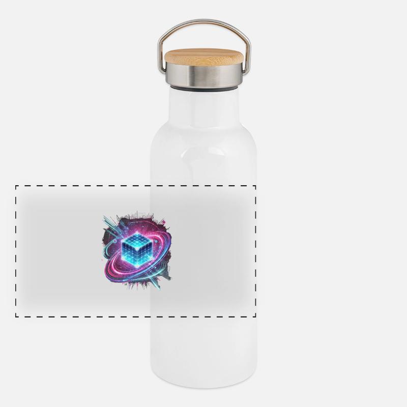 Futuristic Hologram Design – Glowing Cube Panoramic Thermal Bottle with Bamboo Lid