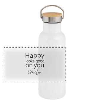 Happy Looks Good On You - Panorama Thermosflasche mit Bambusdeckel - Weiß - Vorne