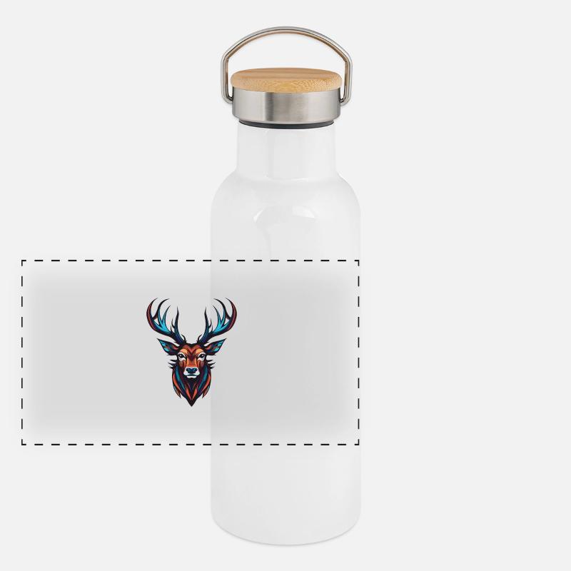 Hirsch Portrait Panorama Thermosflasche mit Bambusdeckel
