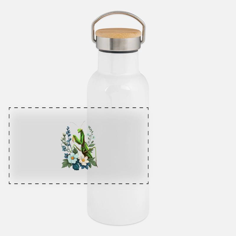 Ästhetische Gottesanbeterin mit Blumen Panorama Thermosflasche mit Bambusdeckel