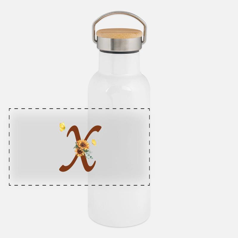 Buchstabe x Sonnenblume Schmetterling Panorama Thermosflasche mit Bambusdeckel
