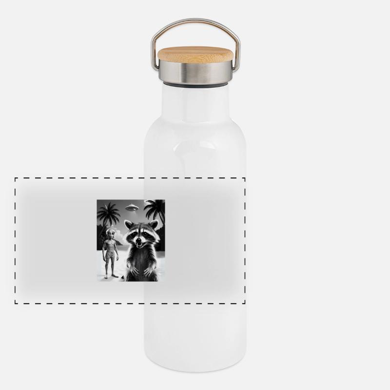 Waschbär macht ein Selfie am Strand mit Alien Panorama Thermosflasche mit Bambusdeckel