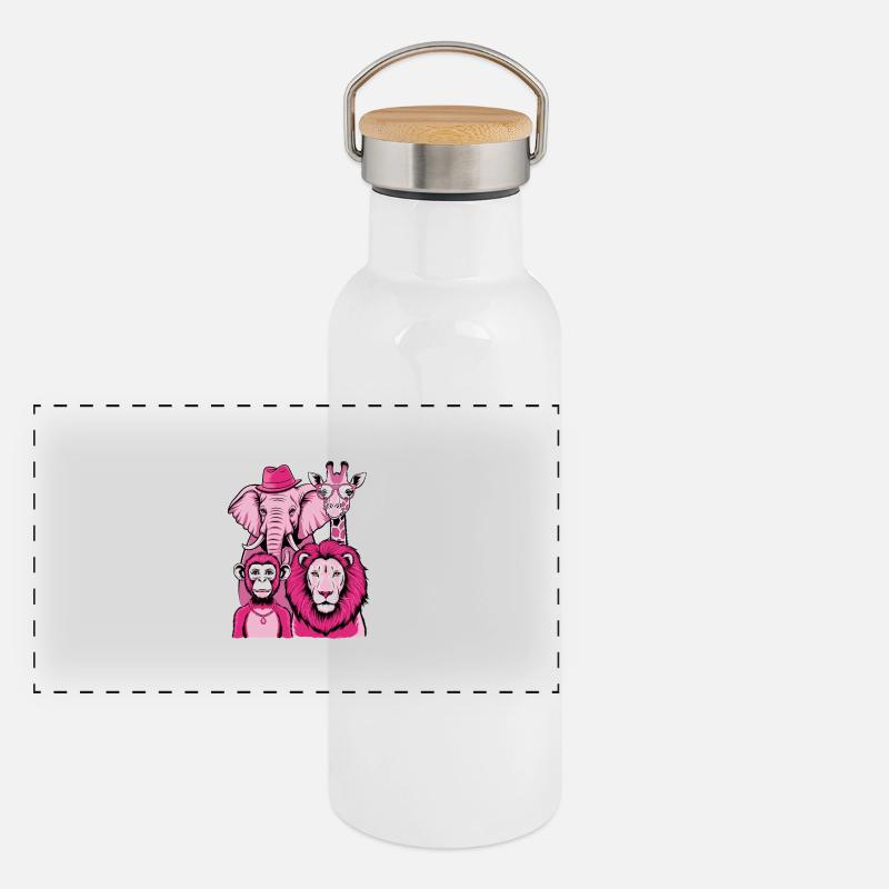 Elefant Affe Löwe Giraffe in Rosa Look mit Stil Panorama Thermosflasche mit Bambusdeckel