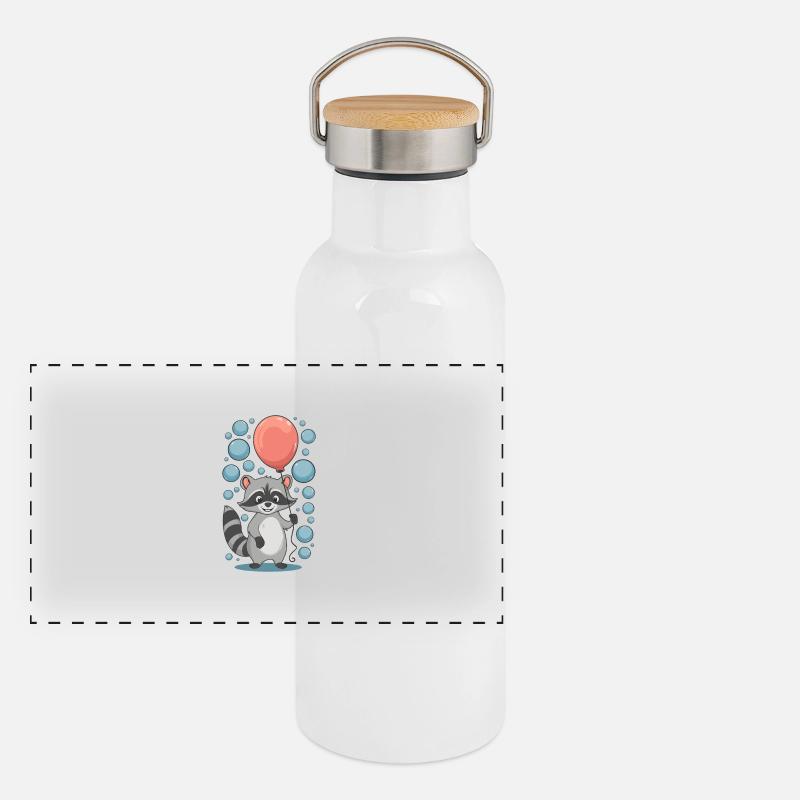 Fröhlicher Waschbär mit Luftballon und Blasen Panorama Thermosflasche mit Bambusdeckel