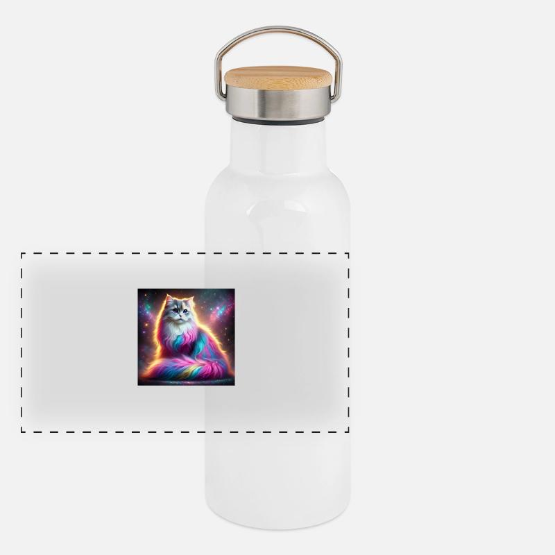 Magische Galaxy Katze mit Regenbogenfell Panorama Thermosflasche mit Bambusdeckel