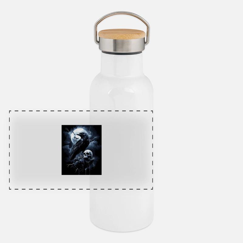 Rabe Totenkopf Mond Düster Gothic Schwarze Krähe Panorama Thermosflasche mit Bambusdeckel