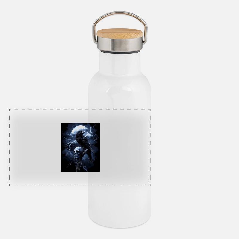 Rabe Totenkopf Mond Düster Gothic Schwarze Krähe Panorama Thermosflasche mit Bambusdeckel