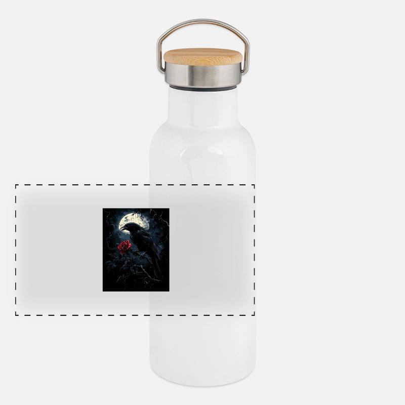 Raven Rose Moon Gloomy Gothic Black Crow Panoramic Thermal Bottle with Bamboo Lid