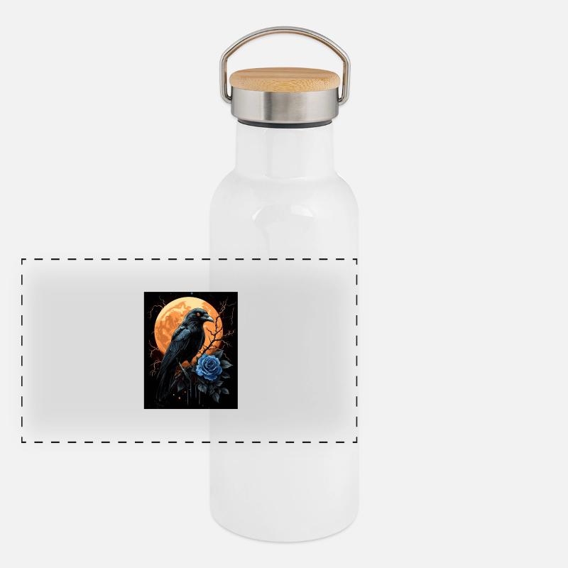 Rabe Rose Mond Düster Gothic Schwarze Krähe Panorama Thermosflasche mit Bambusdeckel
