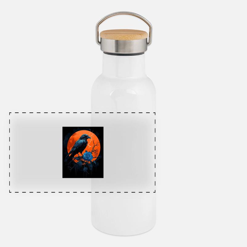 Rabe Rose Mond Düster Gothic Schwarze Krähe Panorama Thermosflasche mit Bambusdeckel