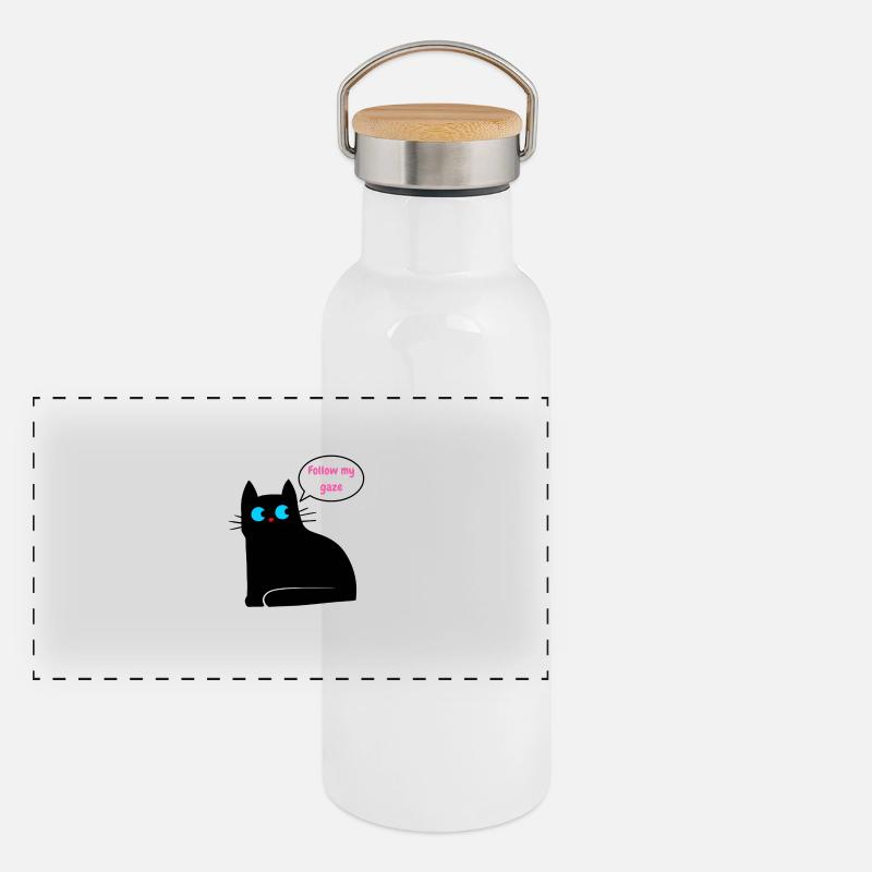 Schwarze Katze, die uns bittet, ihrem Blick zu folgen Panorama Thermosflasche mit Bambusdeckel