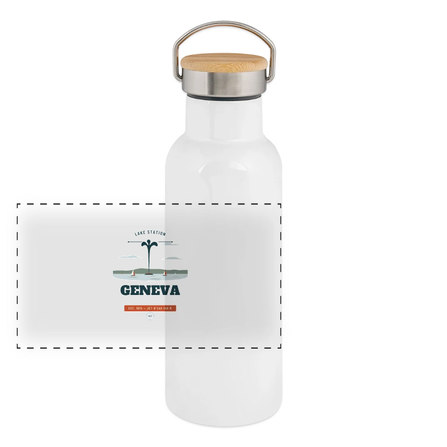 Geneva badge on a panoramic thermal bottle with bamboo lid, white