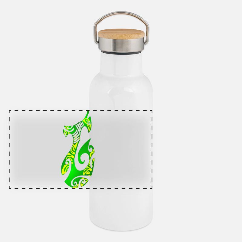 MATAU - Green (polynesian hook) - Panoramic Thermal Bottle with Bamboo Lid - white