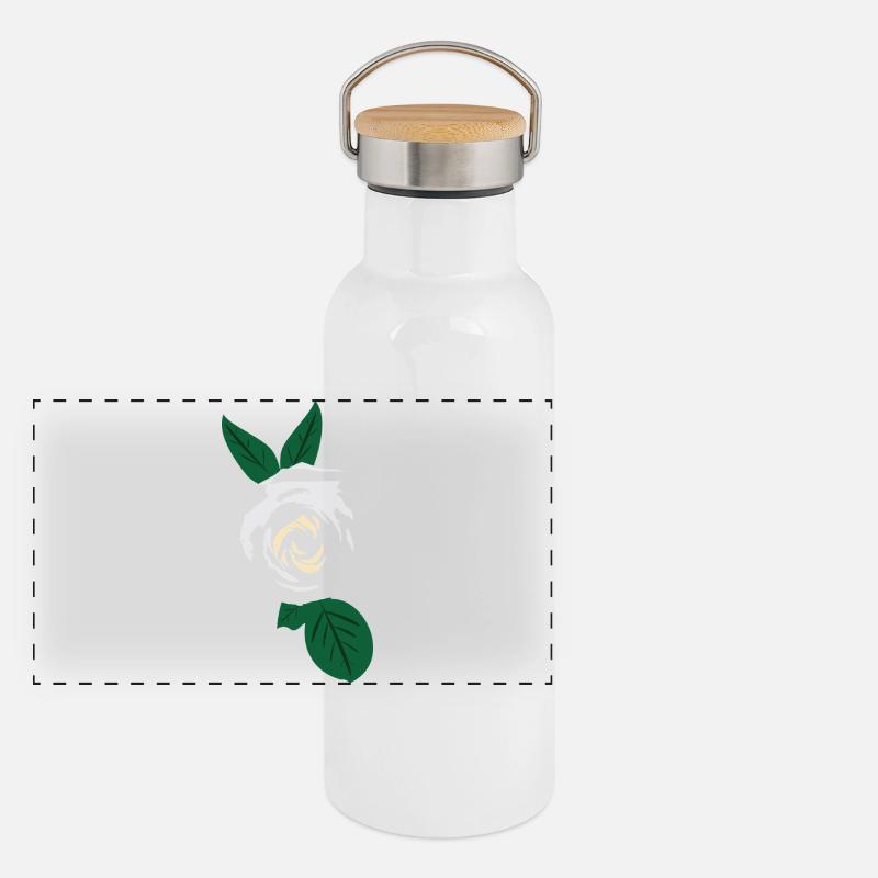 Rose blanche à feuilles vertes Gourde isotherme avec bouchon en bambou