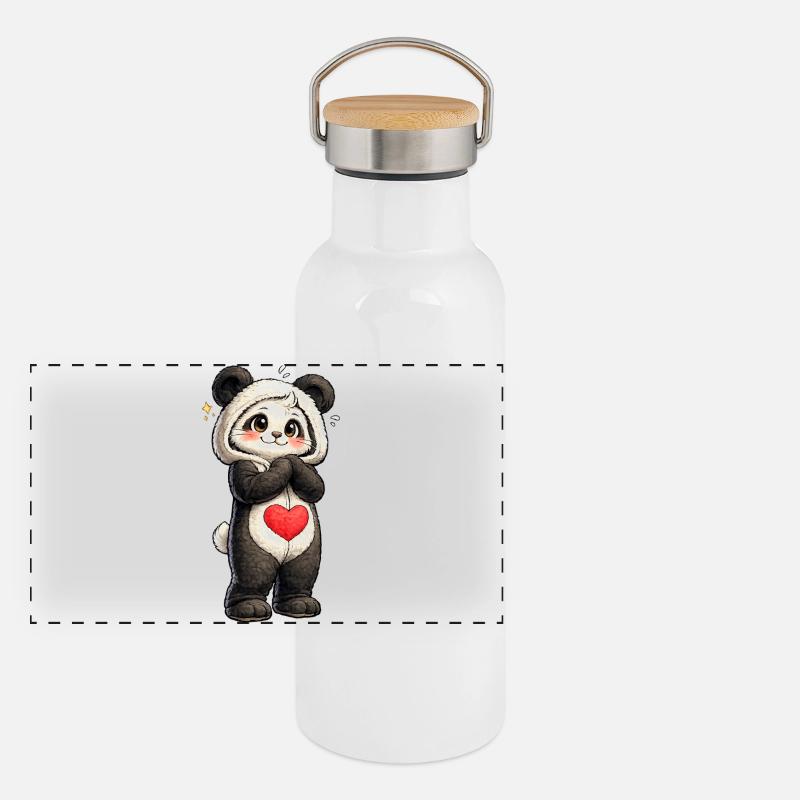 Schüchterner Panda mit rotem Herz Panorama Thermosflasche mit Bambusdeckel