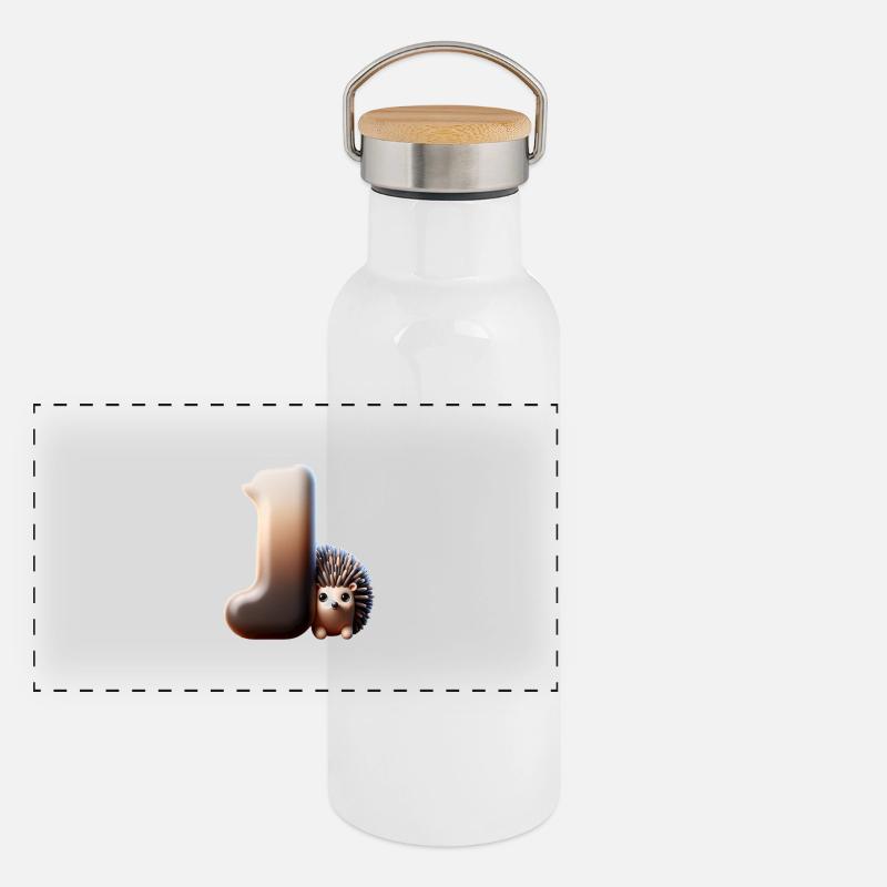 Kleiner Igel kuschelt sich an den Buchstaben J Panorama Thermosflasche mit Bambusdeckel