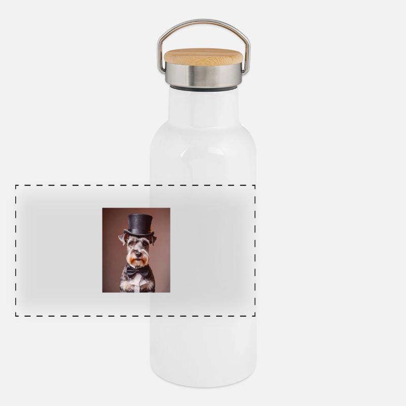 Schnauzer Hund mit Zylinder und Fliege Panorama Thermosflasche mit Bambusdeckel