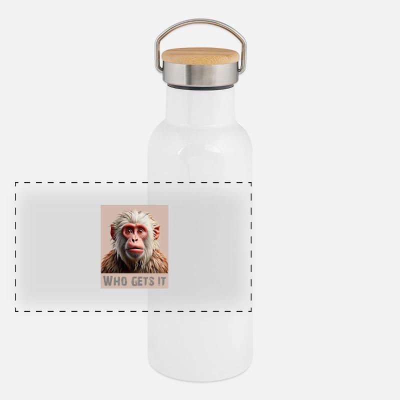 Affe – Who Gets It? | Witziges Design Panorama Thermosflasche mit Bambusdeckel