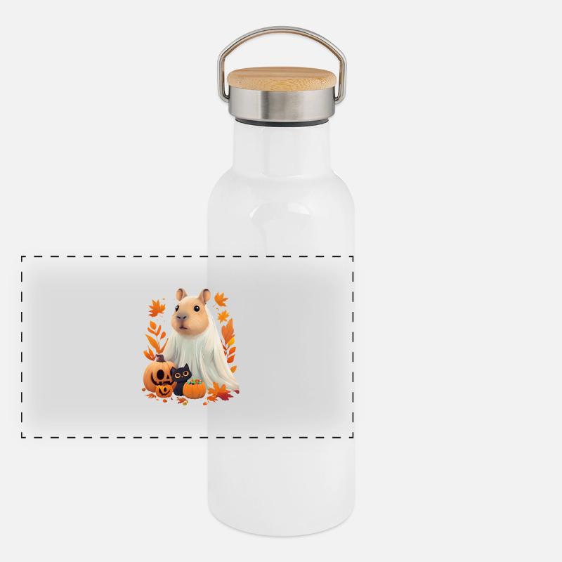 Halloween Capybara Cat Ghost Gift Idea Panoramic Thermal Bottle with Bamboo Lid