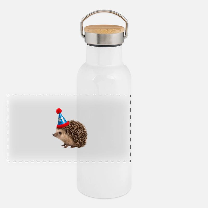 Festive hedgehog with party hat - Panoramic Thermal Bottle with Bamboo Lid - white
