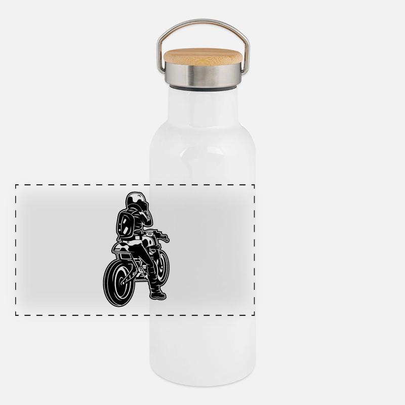 Cafe Racer Motorrad 02_schwarz weiß Panorama Thermosflasche mit Bambusdeckel