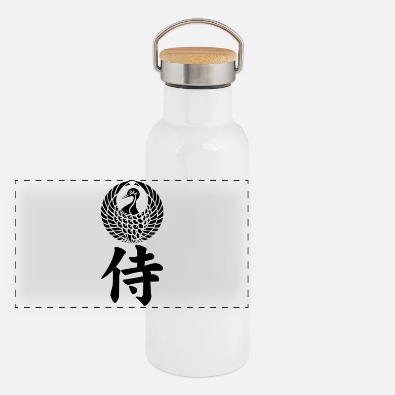 Samurai-Emblem des Mori-Clans (schwarz) Panorama Thermosflasche mit Bambusdeckel