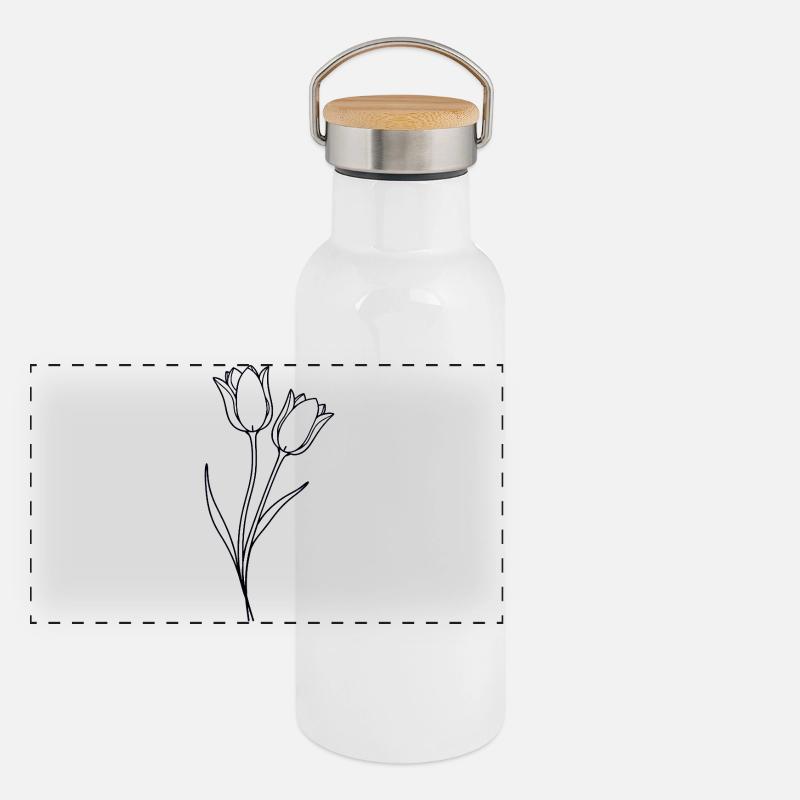 Tulipes Fleurs Printemps Dessin au trait Gourde isotherme avec bouchon en bambou