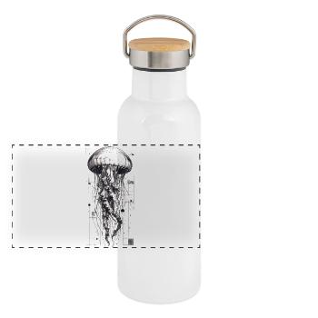 Schwarz-Weiß Technok Qualle - Panorama Thermosflasche mit Bambusdeckel - Weiß - Vorne
